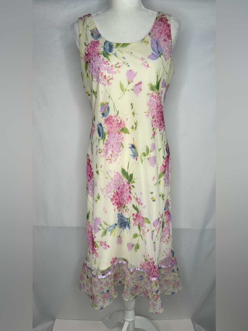 Vintage K Studio Cream Floral Pink Sleeveless Midi Dress Cottagecore Sz 12